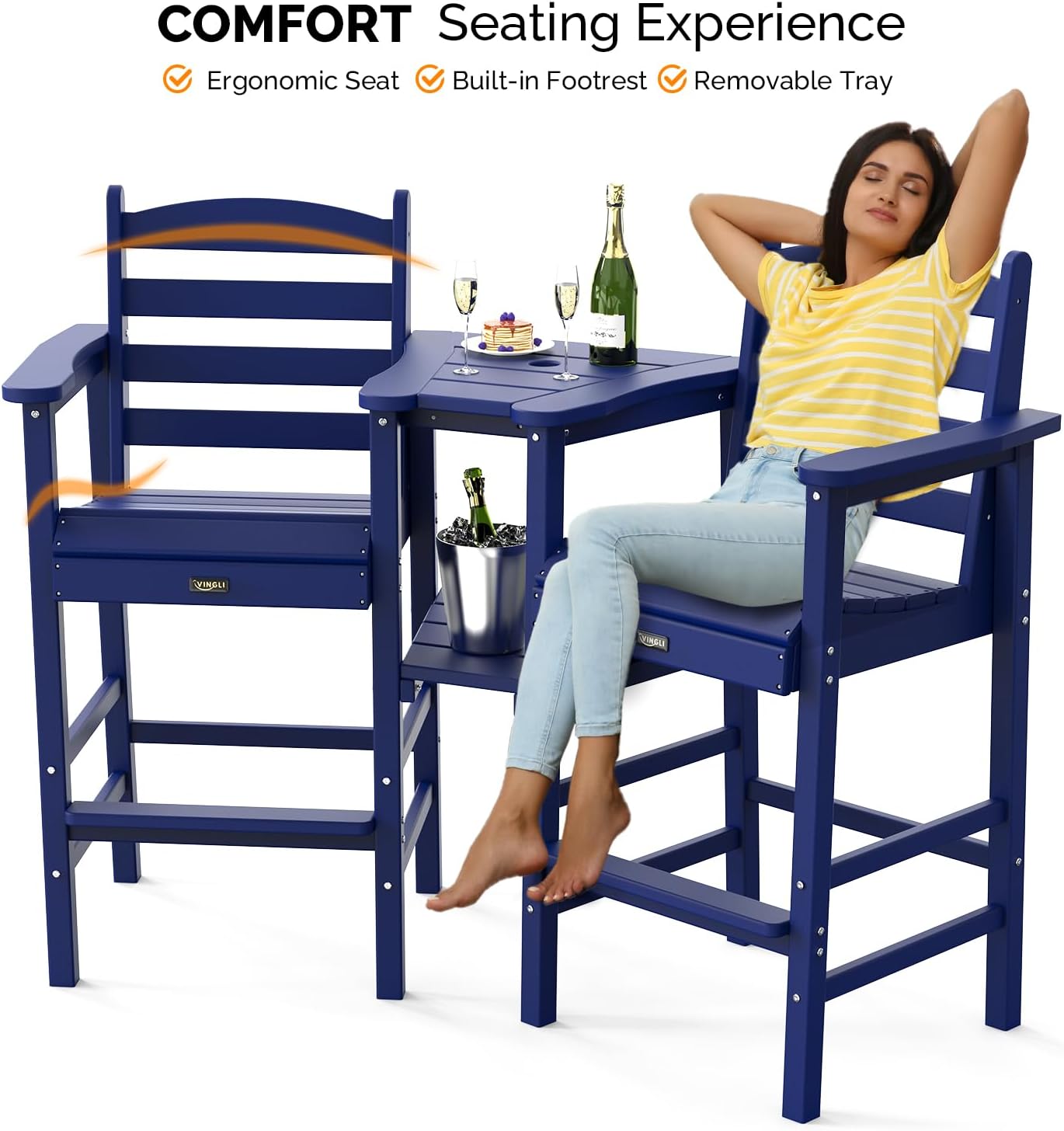 VINGLI Tall Adirondack Chairs Set of 2 with Removable Double Connecting Trays, HDPE Weather Resistance Outdoor Bar Stools Poly Deck Chairs for Patio Pool, 350LBS Capacity (Navy Blue)