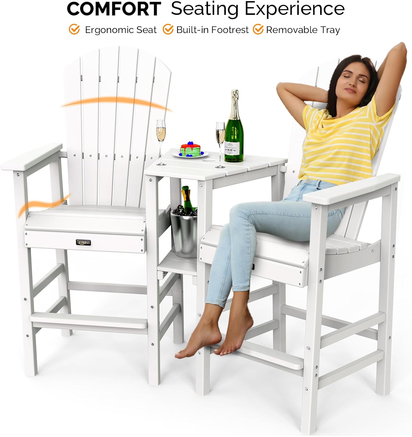 VINGLI Tall Adirondack Chairs Set of 2, HDPE Balcony Chair with Double Connecting Tray Weather Resistant Outdoor Bar Stools for Patio Deck Lawn Pool Backyard (White)