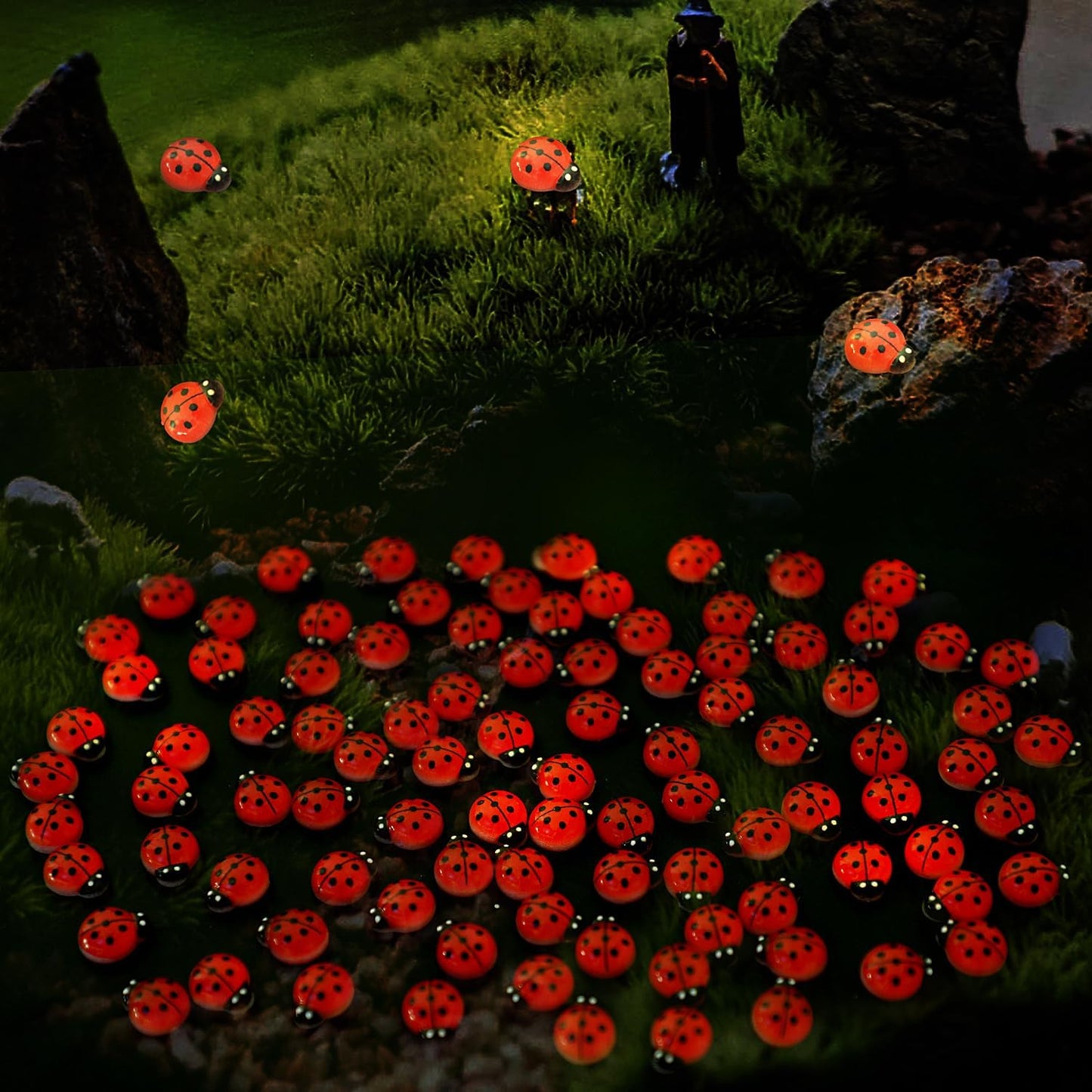 KIMOBER 100PCS Mini Luminous Ladybug Miniature Figurines,Glow in Dark Resin Animals Ladybug Figures for Fairy Garden Micro Landscape Decor Cake Topperr