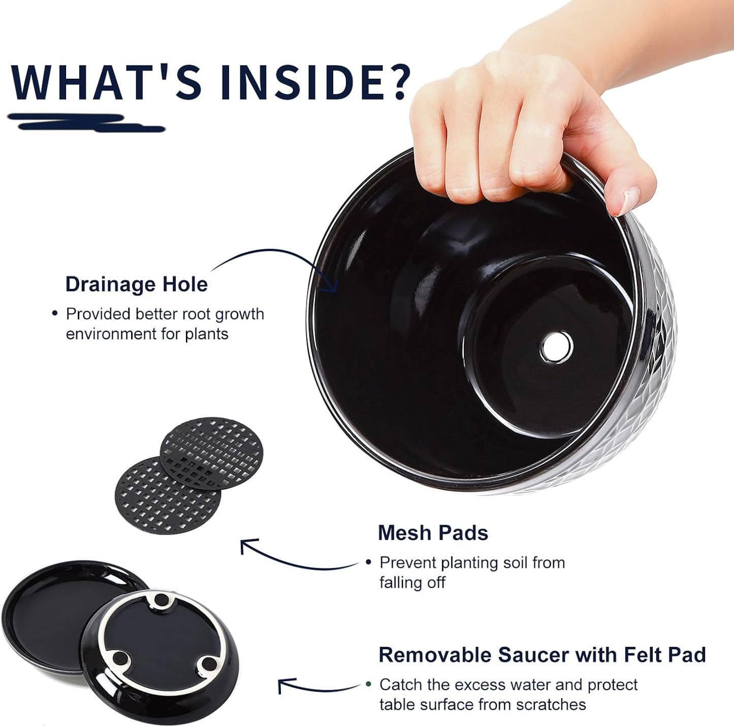 Sureasy Ceramic Indoor Plant Pots - 5.6 Inch Flower Pots for Plants with Drainage Hole and Saucer, Embossed Planter for Succulents, Orchid, Cactus, Indoor Home Decor, Set of 4, Black