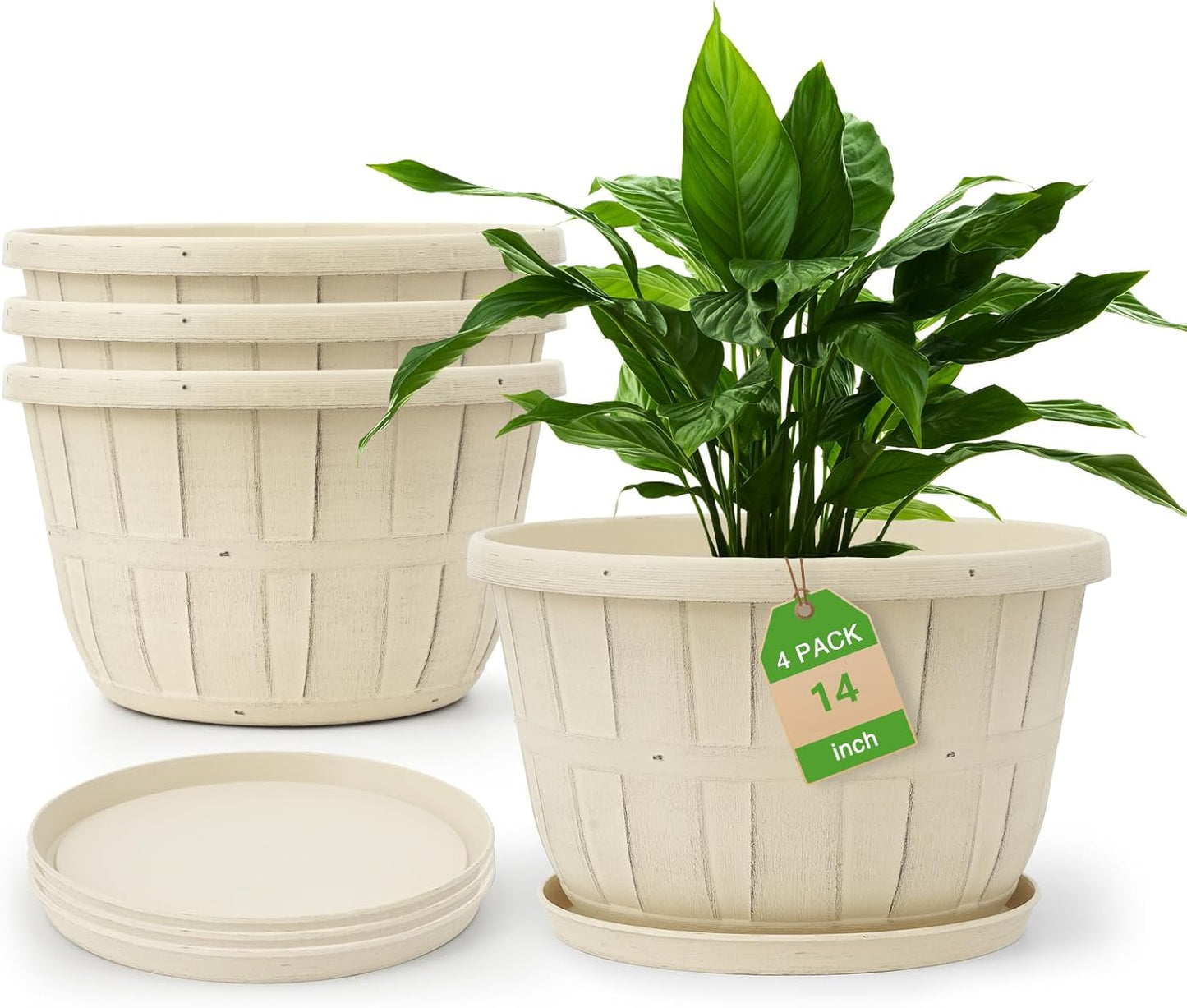 Quarut 14 Inch Plastic-Flower-Pot-for-Indoor-Plants, 4 Pack Large Outdoor Planter Pot with Drainage Holes & Saucers, Resin Decorative Garden Pots Planters（White）