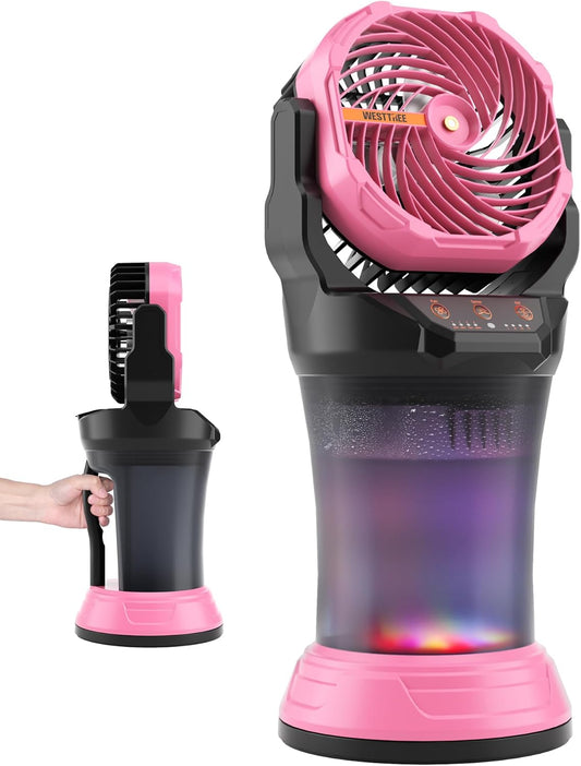 Portable Misting Fan with Large Battery Fan-Rechargeable Outdoor Misting Cooling Fans with 2L Water Tank,RGB Lights,4 Speeds & Spray Modes-for Patio, Camping, Beach, Workshop (Pink)