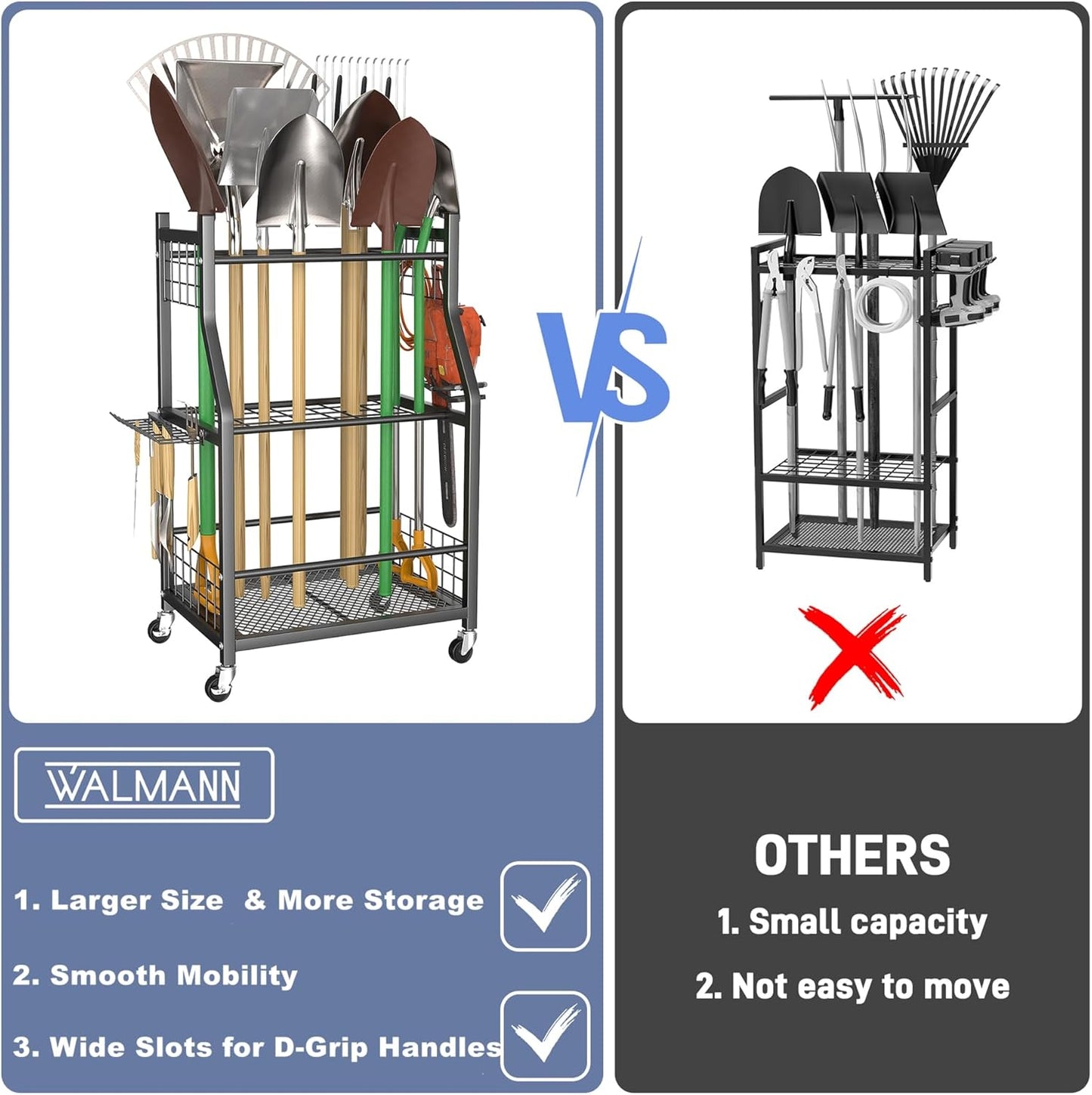 WALMANN Garden Tool Organizer with Wheels for Garage, Rakes/Shovels/Yard Tools Storage Stand for Garden, Shed, Indoor/Outdoor Long-Handled Tools Rolling Cart