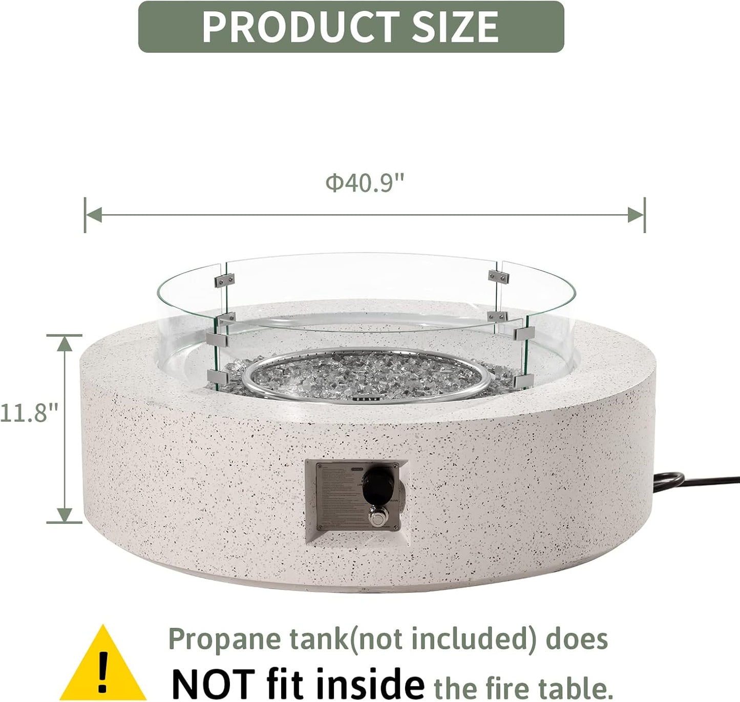 COSIEST Outdoor Propane Fire Pit Coffee Table w Terrazzo White 42 inch Round Base Patio Heater, CSA Certified, 50,000 BTU Stainless Steel Burner, Wind Guard, Transparent Gray Fire Glass, Rain Cover