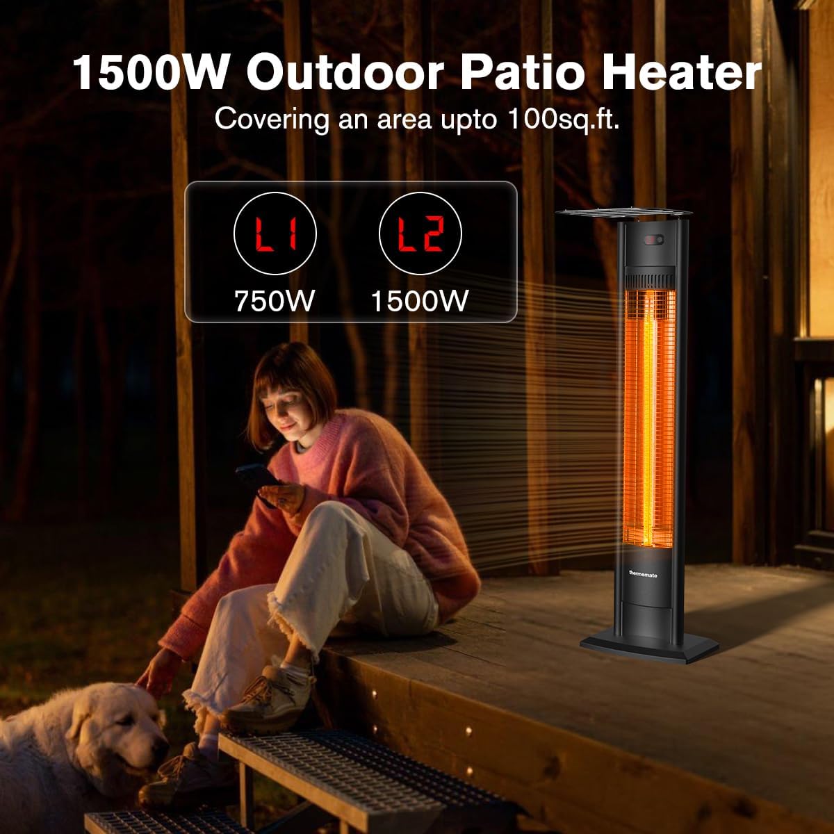 ThermoMate Outdoor Indoor Electric Patio Heater, 1500W 38.5" Portable Tower Infrared Heaer, IP55 Rated Space Radiant Heater with Remote, Timer, Tip-over Protection for Backyard, Restaurant & Garage