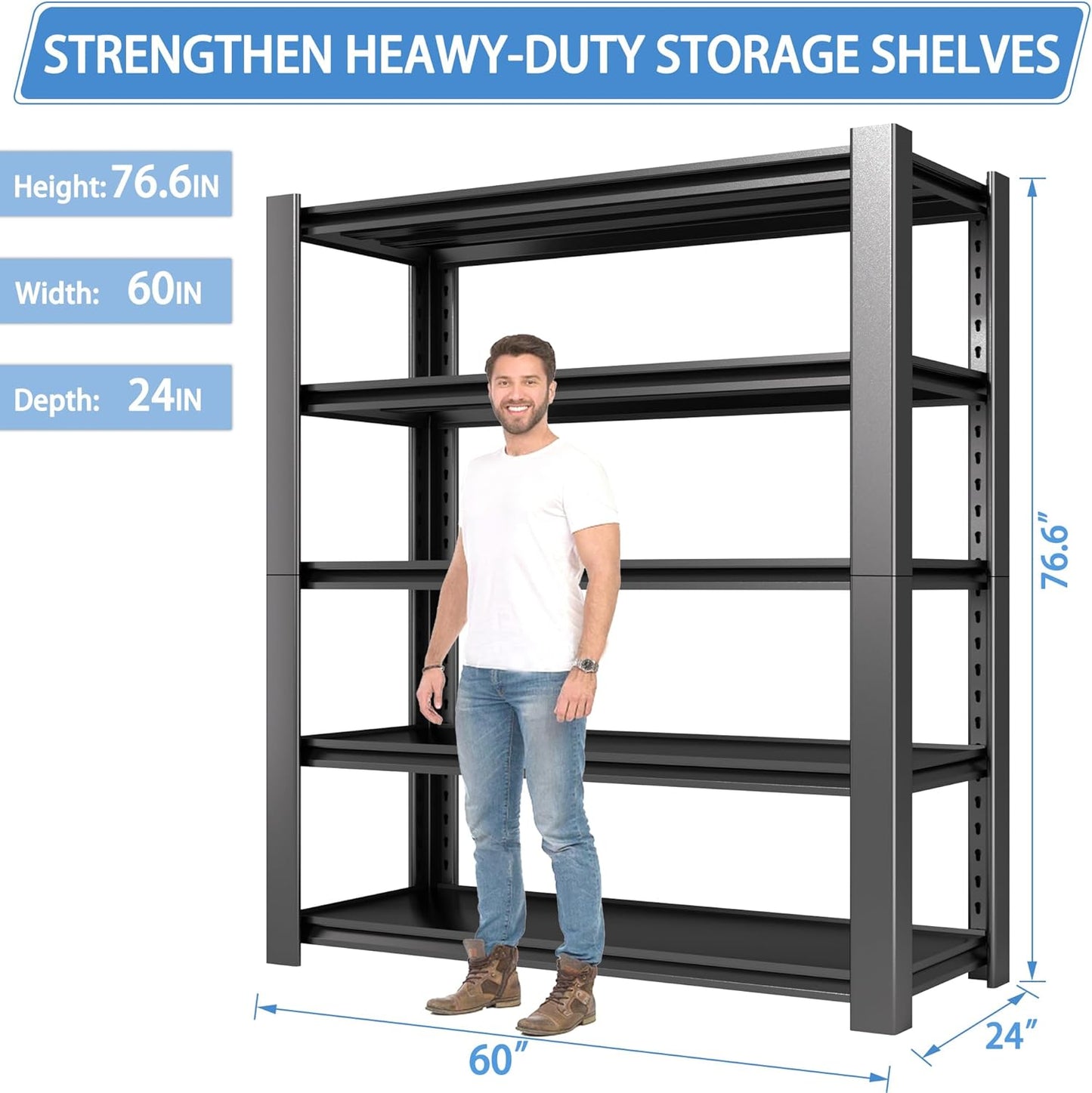 5-Tier Garage Shelving Heavy Duty, 3000 LBS Capacity Metal Storage Rack 76" H x 60" W x 24" D, Adjustable Shelves Unit for Garage, Warehouse, Basement, Pantry, Workshop.2 Pack