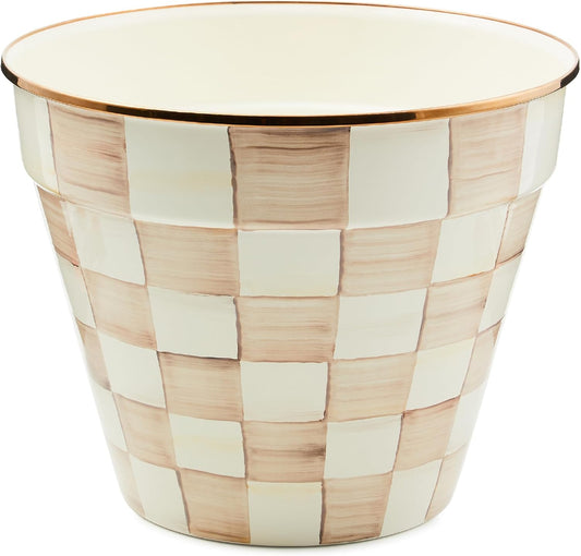 MACKENZIE-CHILDS Enamel Garden Pot, Decorative Pot for Plants, Outdoor Flowerpot Decor, Extra Large, Brown-and-White Mocha Check