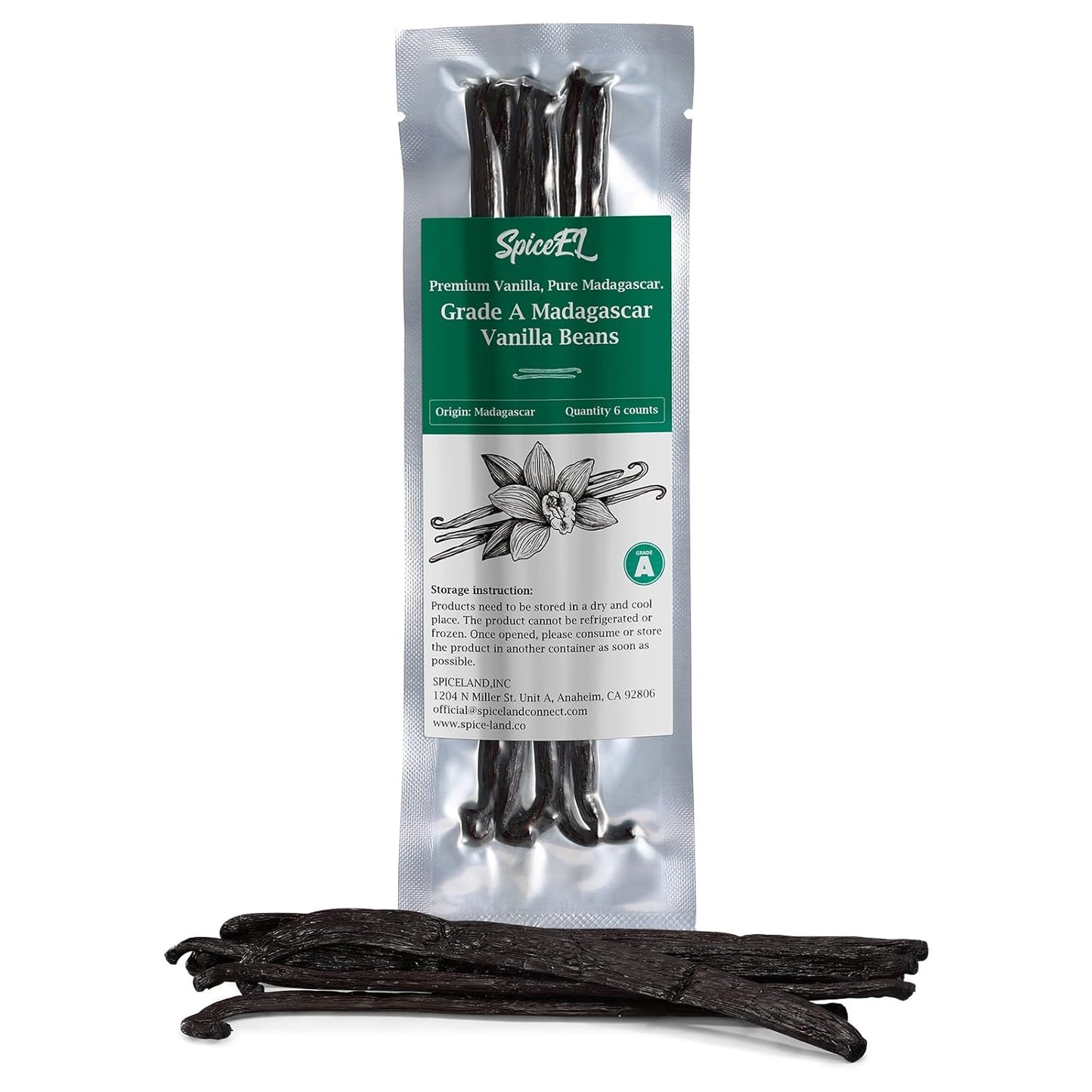 SPICEEL Madagascar Vanilla Beans Whole Grade A Vanilla Pods for Making Extract, Whole 5" - 7" Vanilla Beans for Baking, 6 Counts