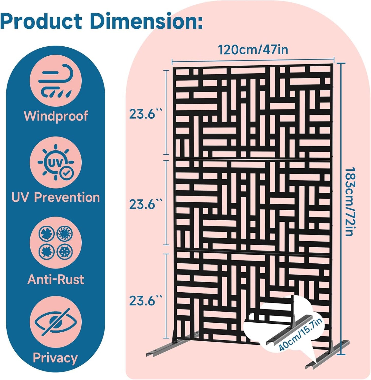 Metal Privacy Screen 72" H x 47.2" Decorative Outdoor Privacy Screen Privacy Panel with Stand for Balcony Deck Patio Lawn Garden, Privacy Fence (Black-Street)