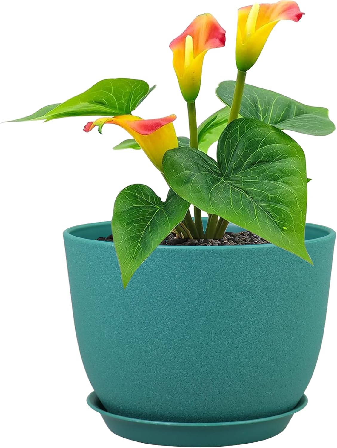 Plant Pots 12 inch, Plastic Planters with Drainage Holes and Saucers, Large Flower Pots for Indoor Outdoor Plants, Modern Decorative Pots for Garden House Plants, Blue Green