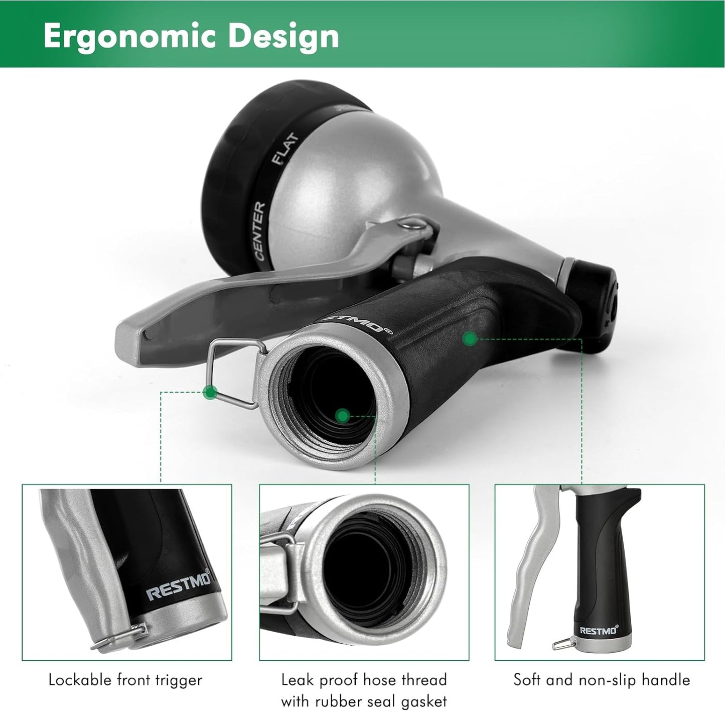 RESTMO Garden Hose Nozzle, Heavy Duty Metal Water Nozzle with 7 Adjustable Spray Patterns, High Pressure Hand Sprayer with Flow Control, for Watering Plants & Lawns, Washing Cars & Pets, Black