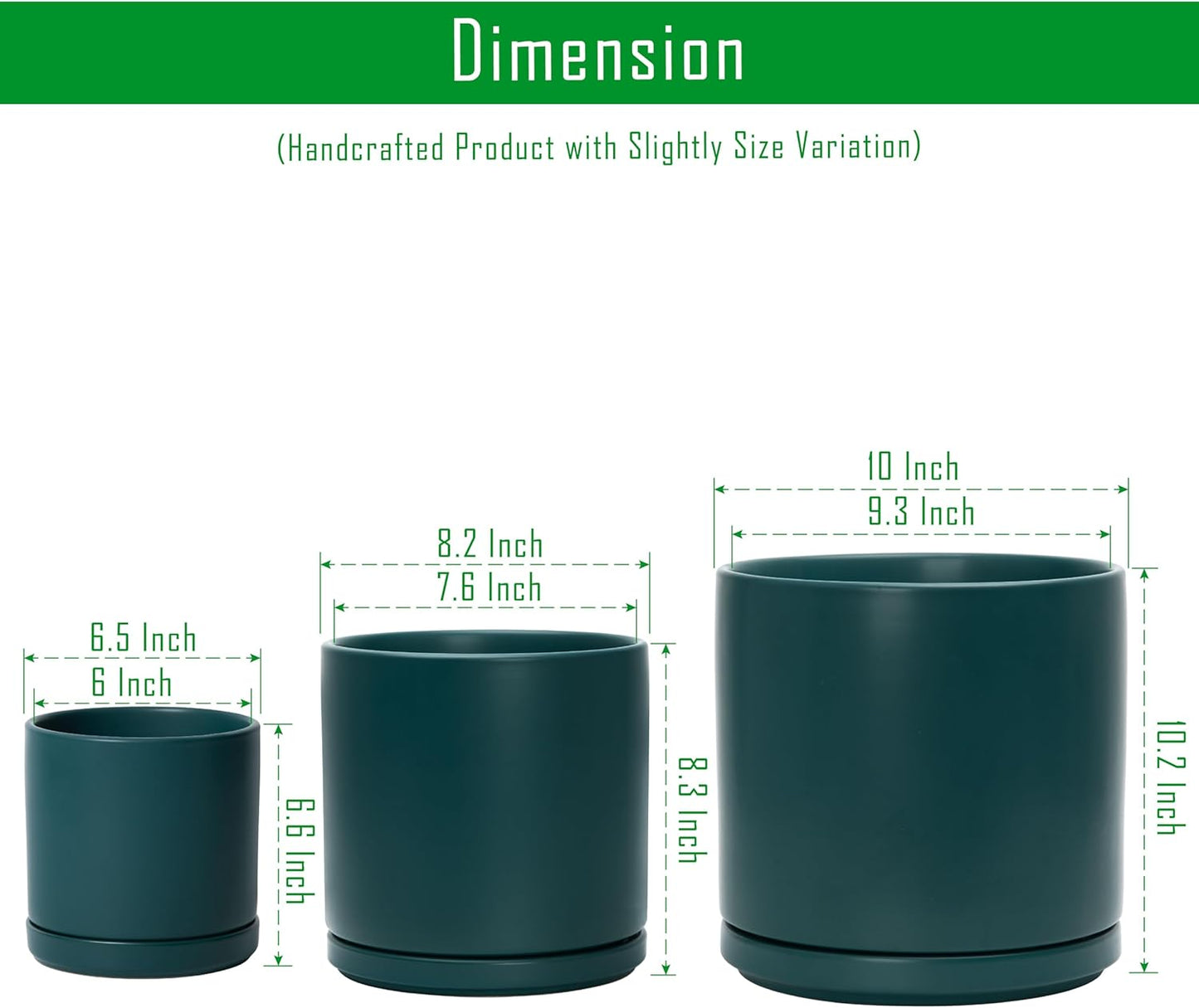 D'vine Dev 6 Inch & 8 Inch & 10 Inch, Set of 3 Round Ceramic Planter Pot with Drainage Hole and Saucer, Teal, 94-T-L-9