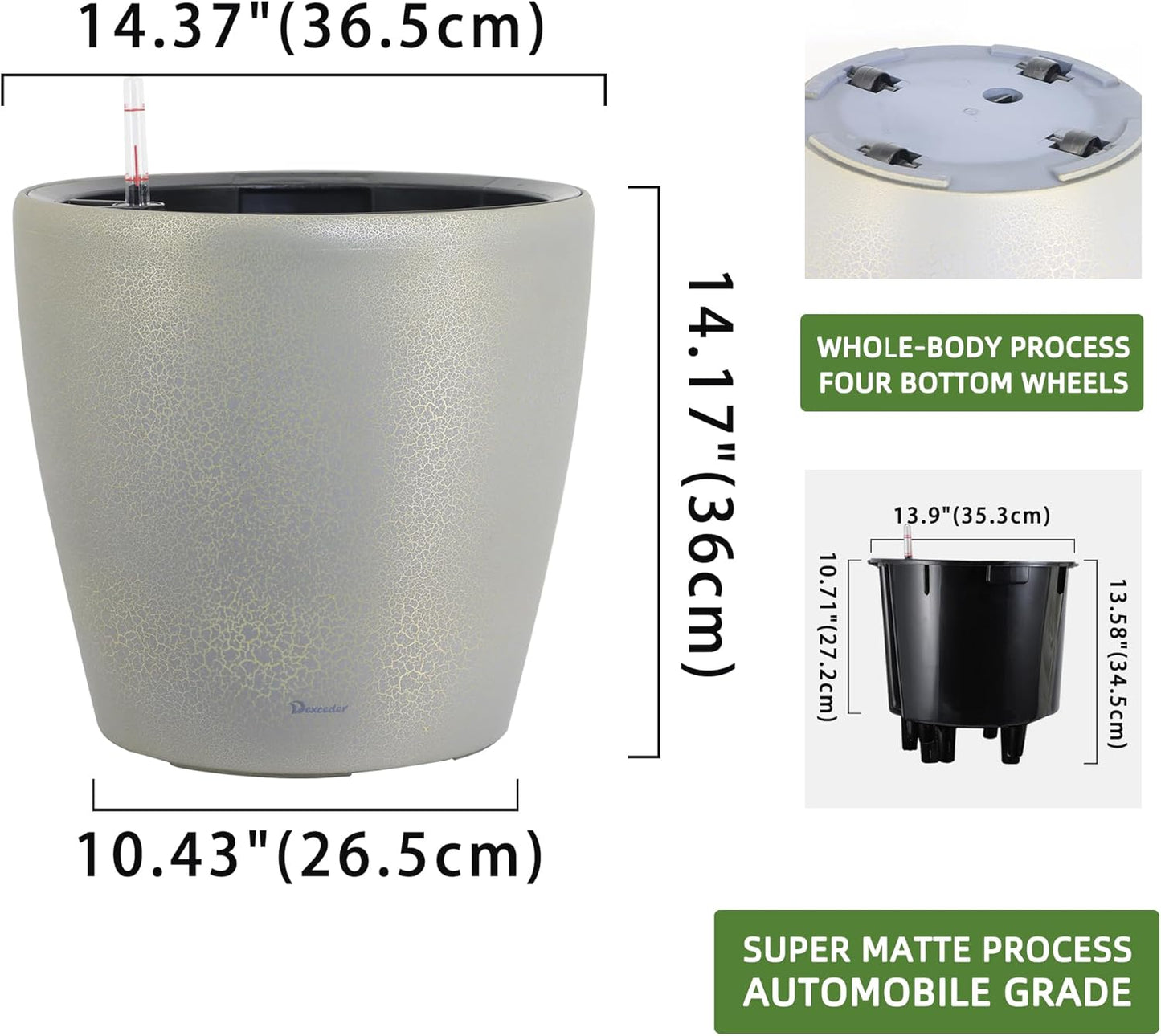 Dexceder 15x14 Self Watering Planter with Wheels Indoor Outdoor, Inner Pot Design, Thickened Large Floor Standing Flower Plant Pot with Water Level Indicator (Grey Gold Crackle)