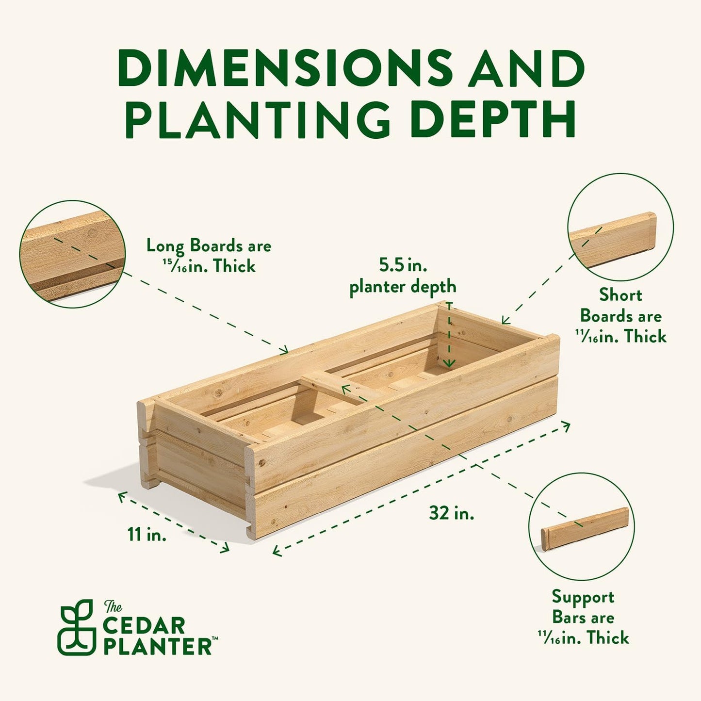 Greenes Fence Cedar Wood Planter Box with Wall Mount Brackets, 32" x 11" x 7" - Made in USA with North American Cedar