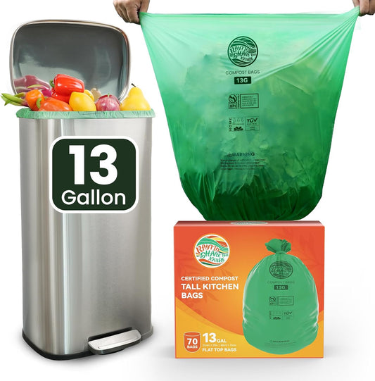 RAYTID 13 + Gallon Compostable Trash Bags,70 Count, Extra Thick 1.1 Mil, Tall Kitchen Food Scrap Waste Bag, ASTM D6400, US BPI and OK Compost HOME Certified