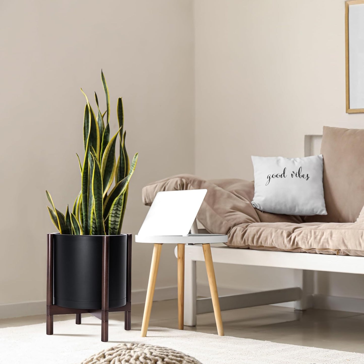 D'vine Dev Planter Pot with Stand - 14 Inch Plastic Cylinder Flower Pot with Wood Planter Holder for Indoor, Matte Black Pot + Walnut Color Stand, 55-C-R-2