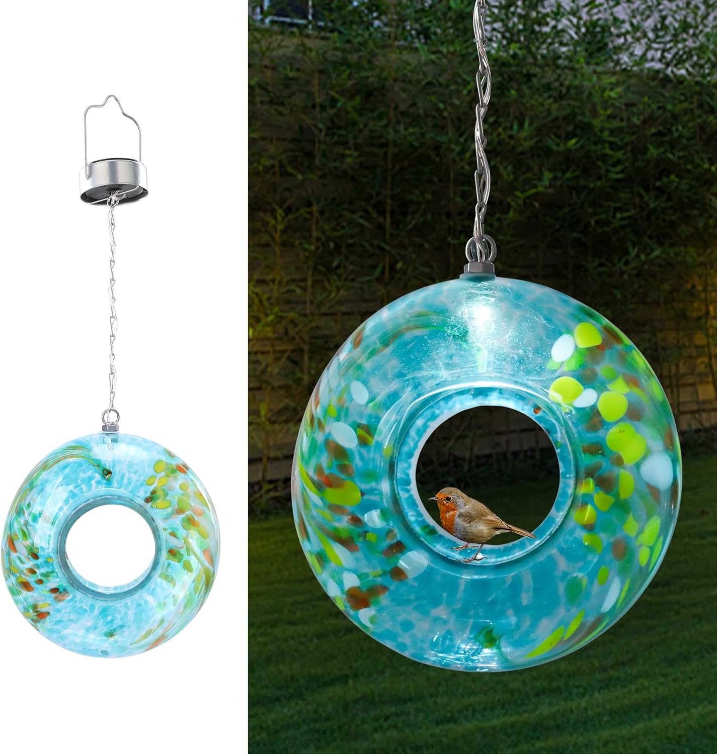 VCUTEKA Bird Feeder Solar Fly Through Bird Feeders for Outside Hanging with Round Shape Glass Container to Attract Wild Birds for Garden Decor, Blue 8"