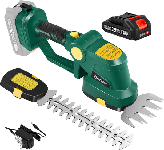Cordless Hedge Trimmer, 2-in-1 Electric Bush Trimmer and Handheld Grass Cutter, 22V Lightweight Mini Shrub Trimmer Grass Clippers with 1 Battery and Charger, Perfect Gardening Yard Tools