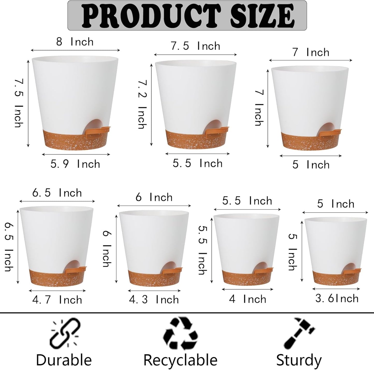 Plant Pots Outdoor 8/7.5/7/6.5/6/5.5/5Inch 7Pack, Planting Pots for All House Plants White Plastic Planters Outdoor Flower Pots Nursery Planting Pot with Drainage Hole and Deep Reservoir