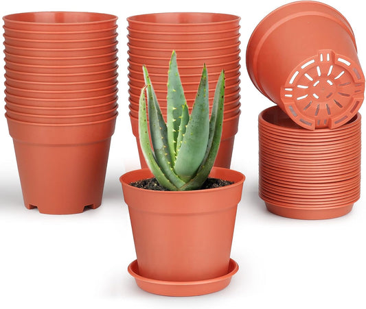 4 inch Small Plant Pots, 28 Pack Plastic Planters with Drainage Holes and Saucers for Flowers Plants, Succulents, Seed Starting Pots, Terracotta
