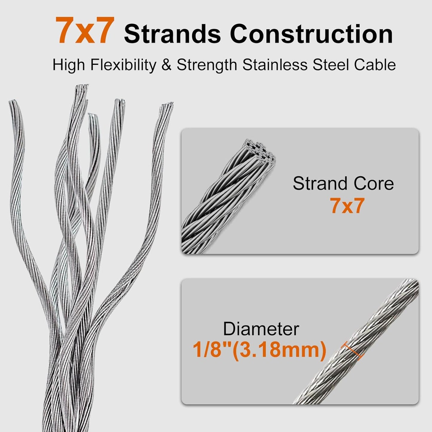 1/8" Wire Cable, 200ft Wire Rope Metal Cable with Loop Sleeve, Steel Thimble Cutter, 7x7 Marine Stainless Steel Strand Core Perfect for Deck Railing System, Outdoor Hanging kit, Garden Fence