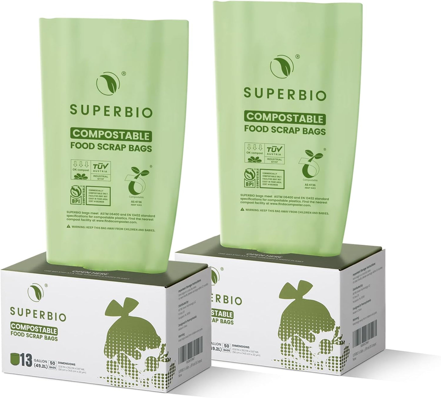 SUPERBIO 13 Gallon Flat Top Compostable Food Waste Bags, 50 Count, 2 Pack, 49.2L, 0.87 Mil, ASTM D6400 BPI and OK compost INDUSTRIAL