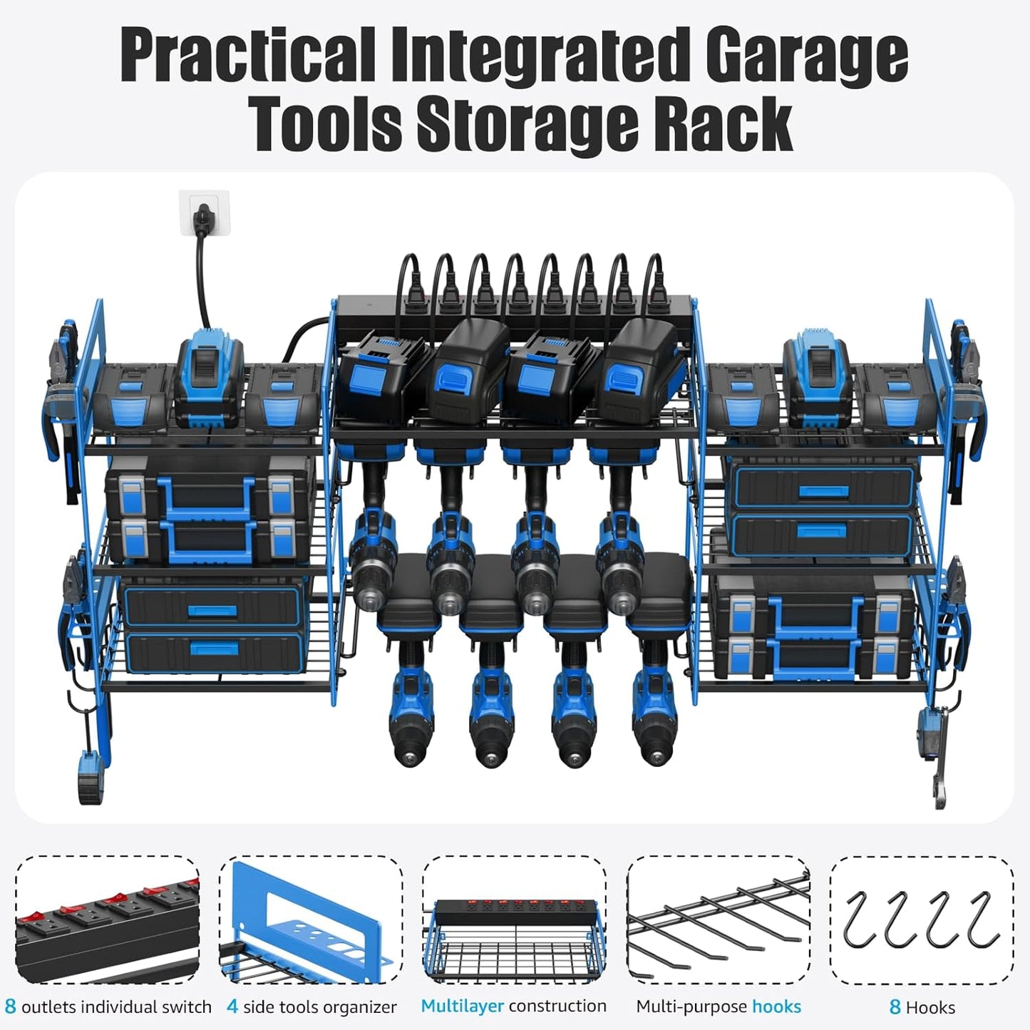 CCCEI Blue Power Tool Organizer Wall Mount, Large Tools and Battery Storage Rack Charging Station Individual Switches. Drills Holder, Garage Utility Shelves with 6FT Power Strip. Gift for Men.