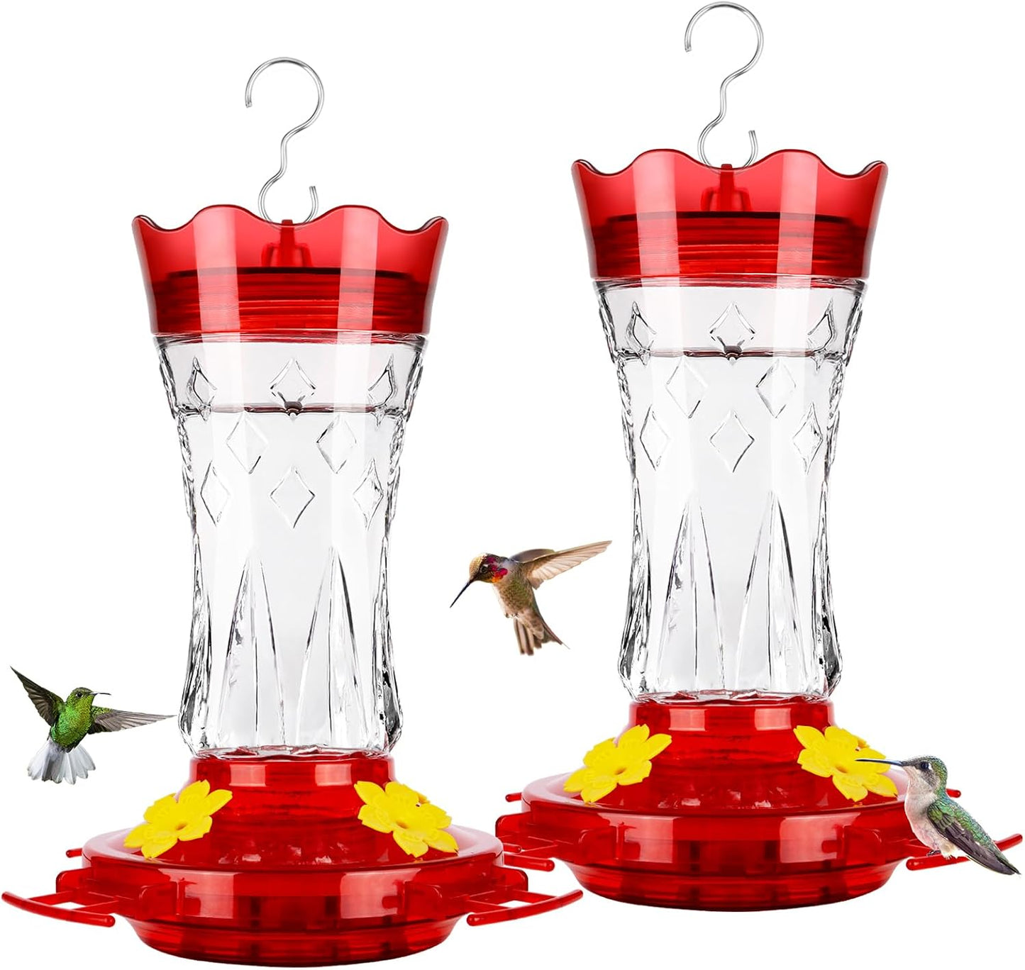 Hummingbird Feeders for Outdoors Hanging, BOLITE Glass Hummingbird Feeder, 4 Bee Guard Feeding Ports, Built-in Ant Moat, Leak Proof, 15 Ounces, Stars Decor, Red, 2 Pack, Gifts for Women Men