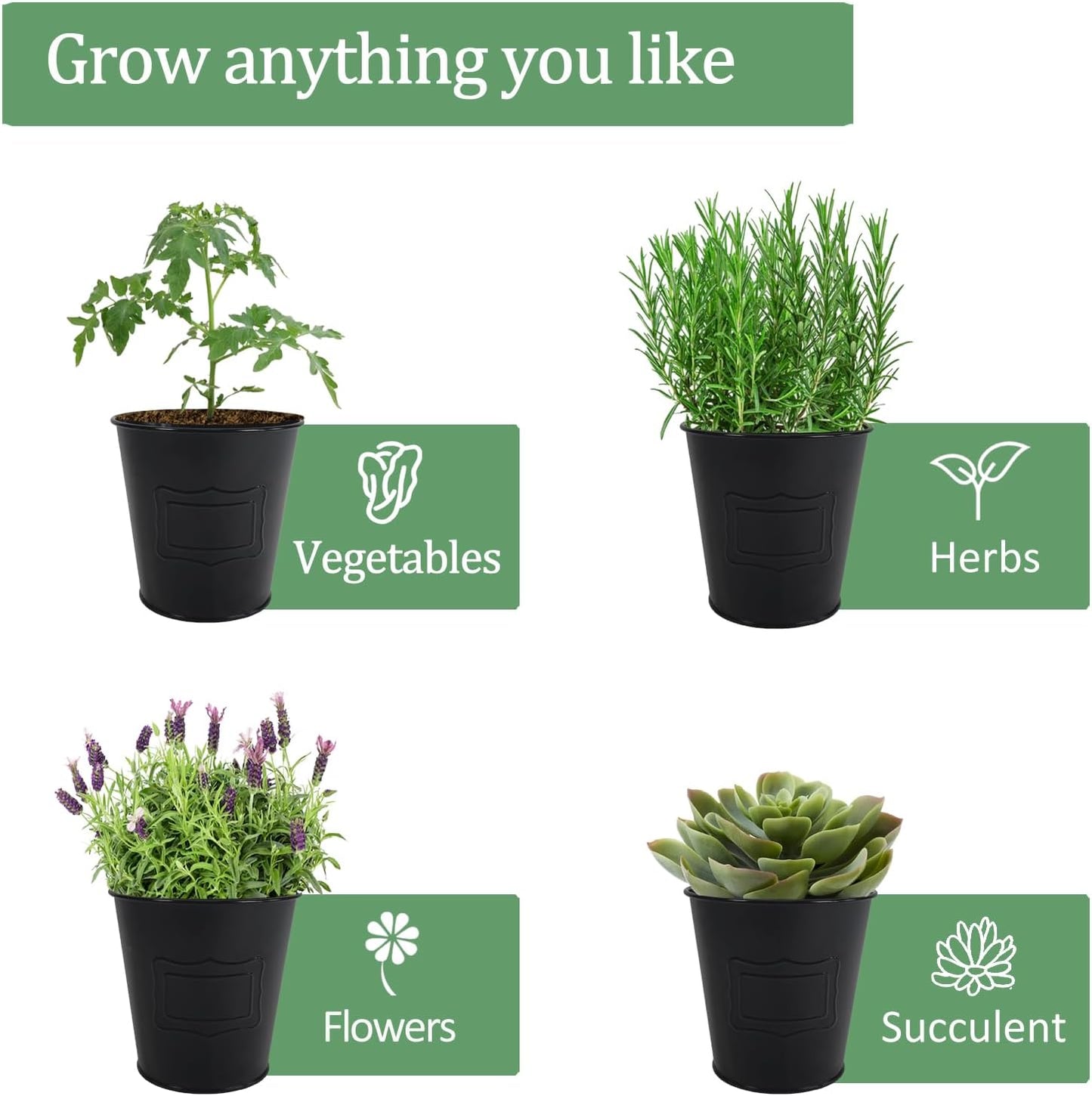 4" Herb Garden Planter Kit, Indoor Herb Planters with Tray, Set of 3 Metal Windowsill Pots for Flower Plants with Drainage Hole, Customizable Labels & Marker Pen, Black