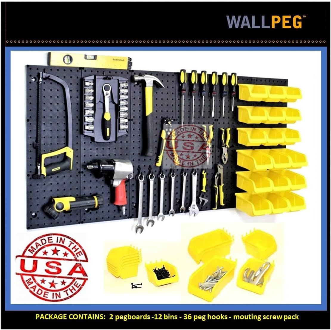WallPeg 2 Black Pegboard Panels (24"x16" Each) with 6 Medium 5" Bins, 6 Large 7" Bins & 36 Flex-Lock Peg Hooks – Heavy-Duty Wall Storage Organizer – Made in USA