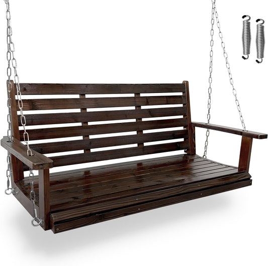 Wooden Porch Swing, Ergonomic Seat, Bench Swing with Hanging Chains and 7mm Springs, Heavy Duty 880 LBS, for Outdoor Patio Garden Yard (Dark Brown, 2-Seater Extra Large)