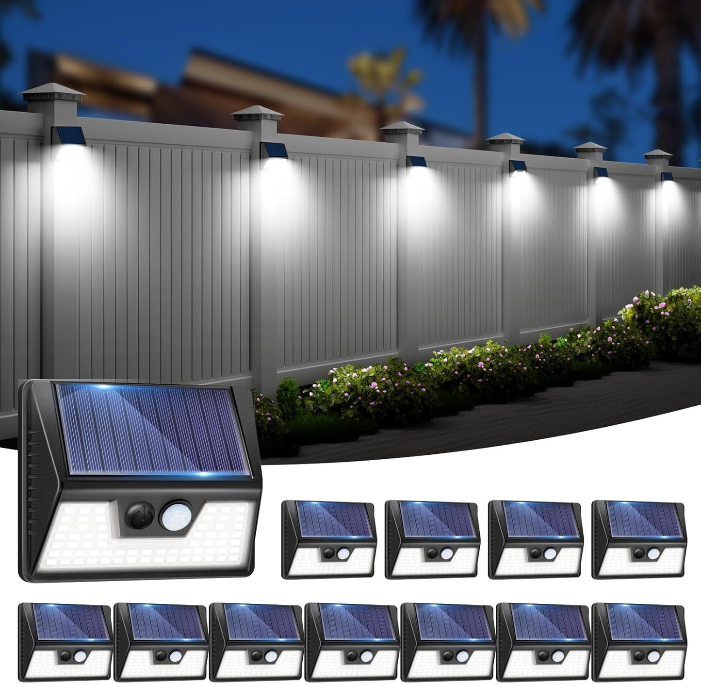 12 Pack Solar Fence Lights Waterproof, Motion Sensor Deck Lights Outdoor, Cold White LED Outside Lights Wireless for Wall Yard Steps Stairs Garden - Black