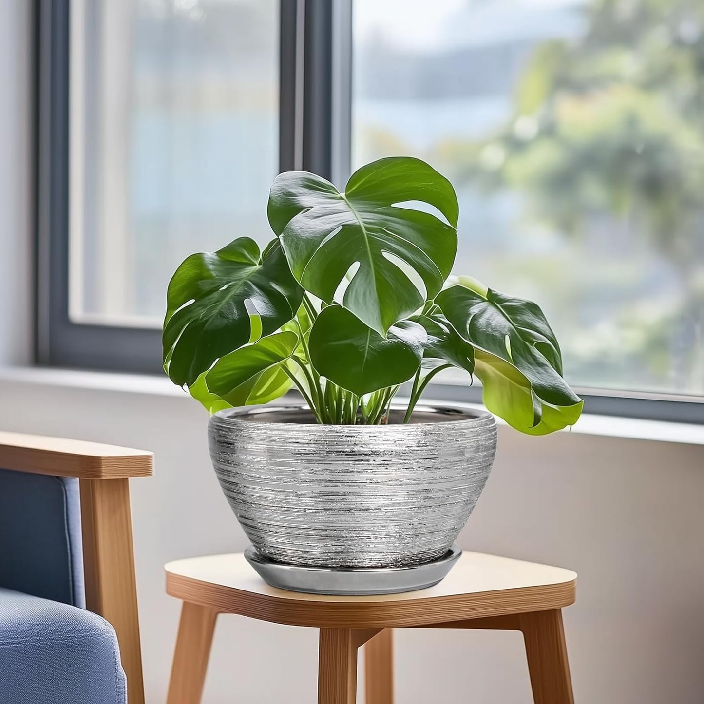 Pot for Plants 9 Inch - Ceramic Plant Pot Indoor with Drainage Hole and Saucer Round Planter for Indoor Plants Modern Decorative Flower Pot for Home Decor Silver