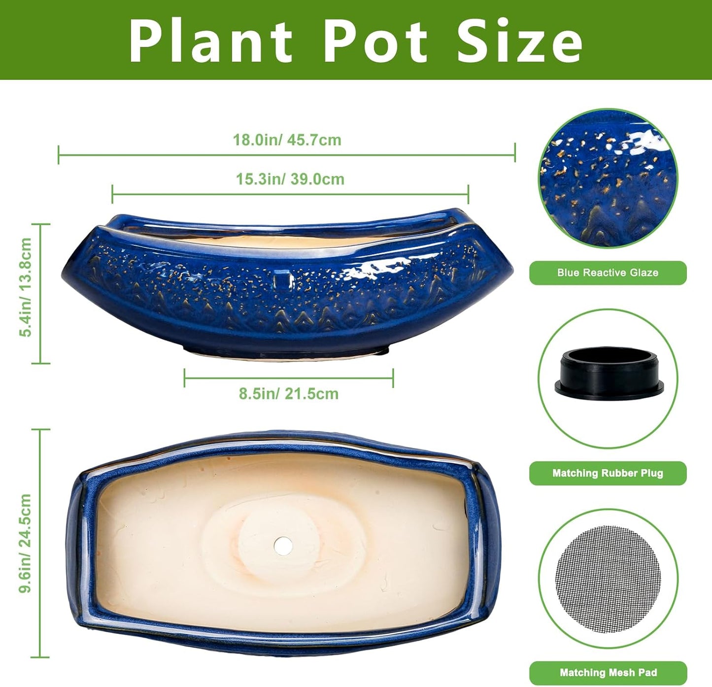 Bonsai Pots - 18 Inch Large Ceramic Succulent Pots for Indoor Outdoor, Bonsai Planter with Drainage Hole, Ceramic Flower Pot, Decorative Plant Pot, Gifts for Plant Lovers, Office Decor, Blue