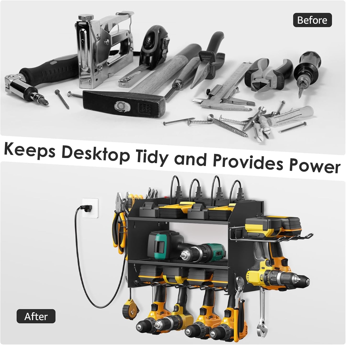 CCCEI Modular Power Tool Organizer Wall Mount Charging Station, Black 6 Drills Holder with 8 Plug Power Strip 10FT, Garage Drill Battery Heavy Duty Metal Shelf, Utility Rack with Hooks, Side Storage.