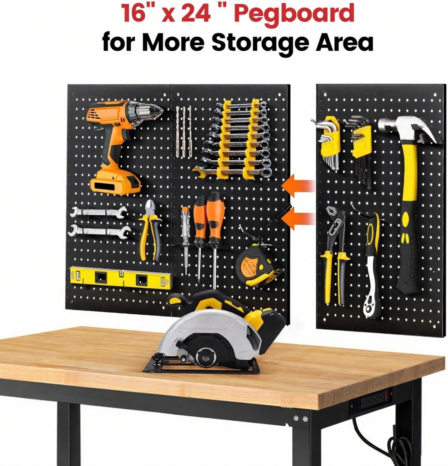 Workbench with Double Layers 48 x 20 Inch Heavy Duty Rubberwood Tabletop Work Table for Garage Adjustable Height Work Bench with Power Outlets Pegboard Pad for Woodworking Shop, Home, Office