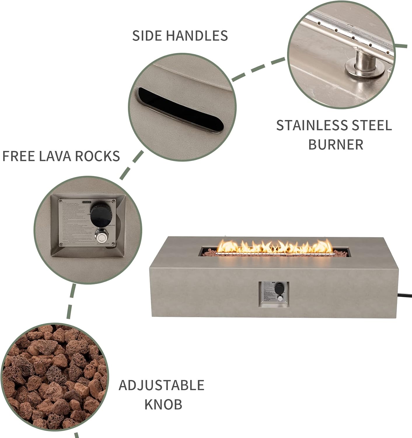 COSIEST 56-inch x 28-inch Outdoor Propane Fire Pit Coffee Table w Concrete Rectangle Base, CSA Certified, 50,000 BTU, Free Lava Rocks and RainCover, Fits 20lb Tank Outside(Gray)