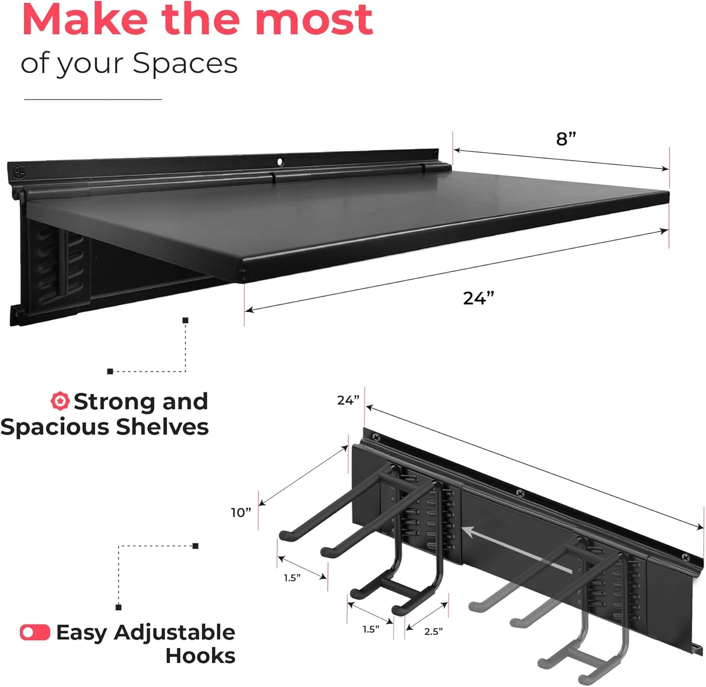 Heavy-Duty Garage Wall Storage System | Wall Mounted Tool Organizer Rack with Shelving | 12-Piece Mounting Kit | 6x10” Double-Layered Hooks & 2x24” Floating Utility Shelves