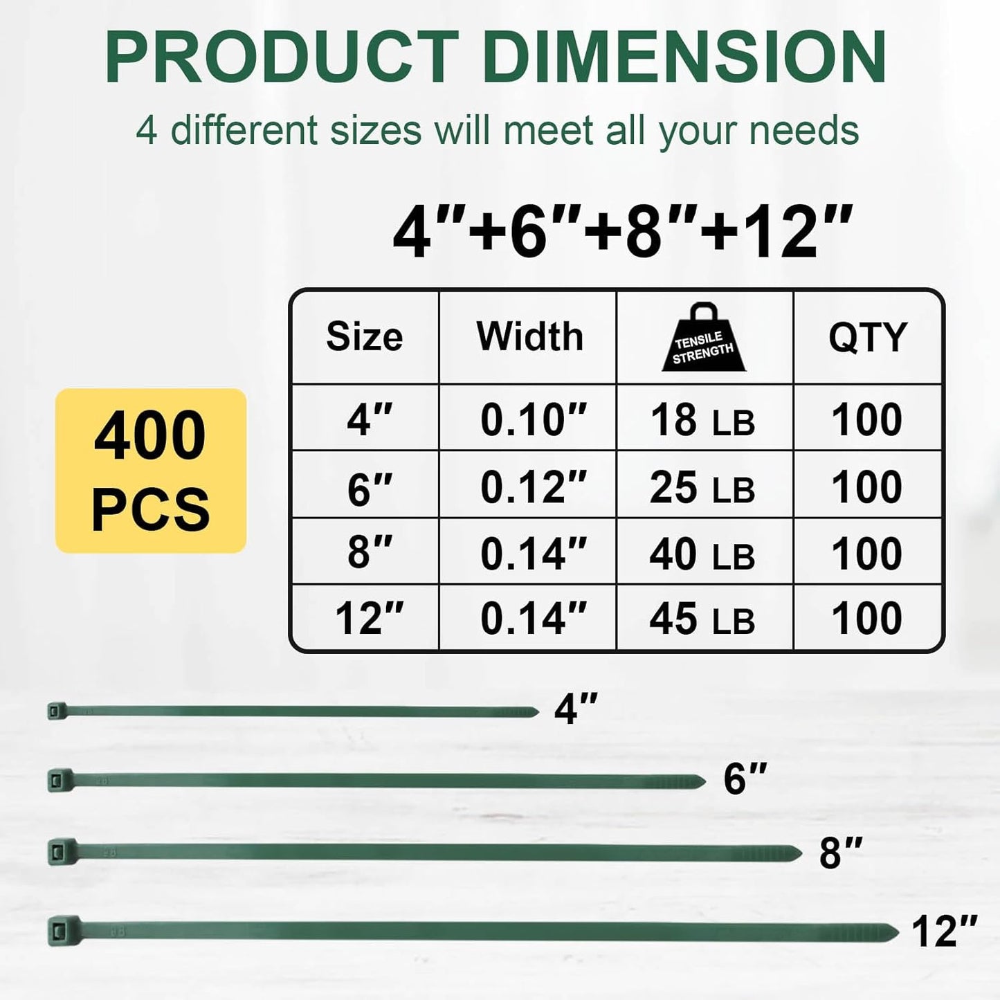 Green Zip Ties Assorted Sizes (4"+6"+8"+12"), 400 Pack, Cable Ties UV Resistant for Garden, Plants, Fence, Holiday Lights, Yakobela