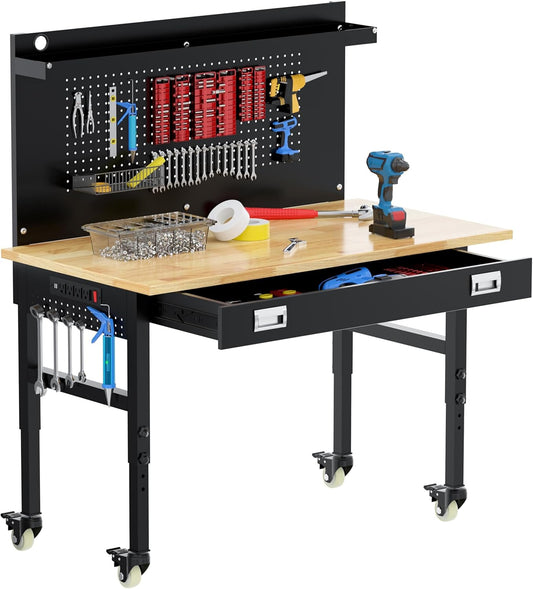 48" Heavy Duty Adjustable Workbench with Large Pegboard, Adjustable Work Table with Power Outlets & Lockable Wheels, Rubber Wood Workstation for Garage, Workshop, Office, Home, Commercial