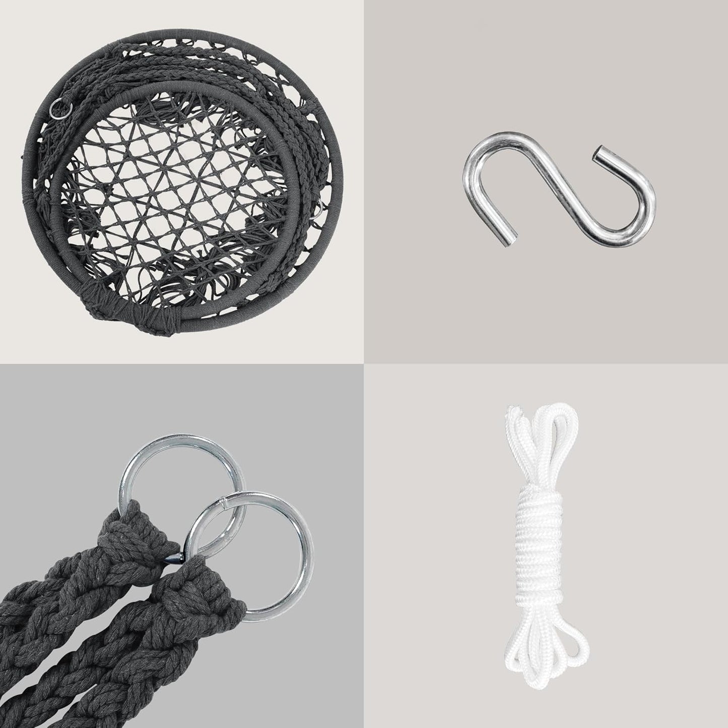 SUNCREAT Hammock Chair Hanging Macrame Swing with Hardware Kits, Max 330 Lbs, Handmade Knitted Mesh Rope Swing Chair for Indoor, Outdoor, Bedroom, Patio, Yard, Deck, Garden, Grey