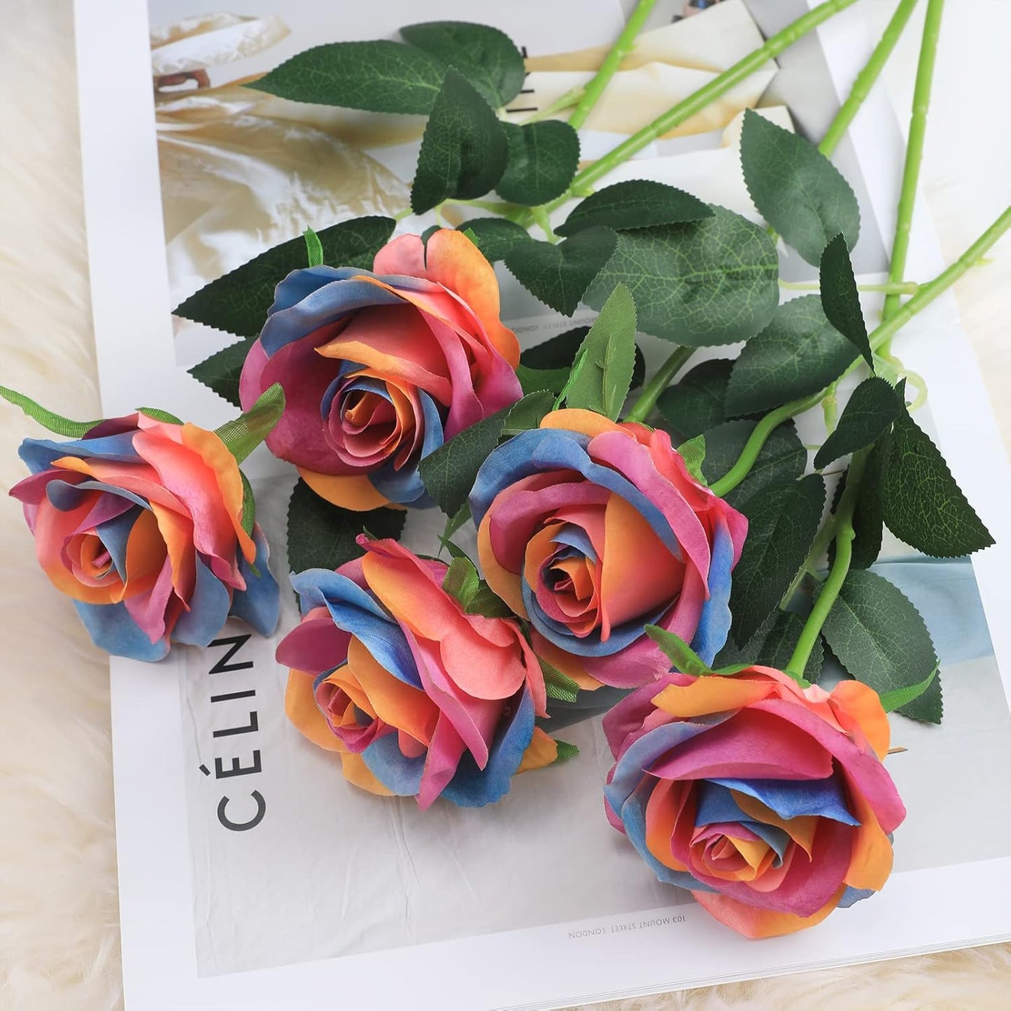 Rainbow Fake Roses Artificial Flowers - 16 Pcs Fake Artificial Roses Silk Flowers with Stems for Home Wedding Hotel Office Centerpiece Decor（Rainbow）