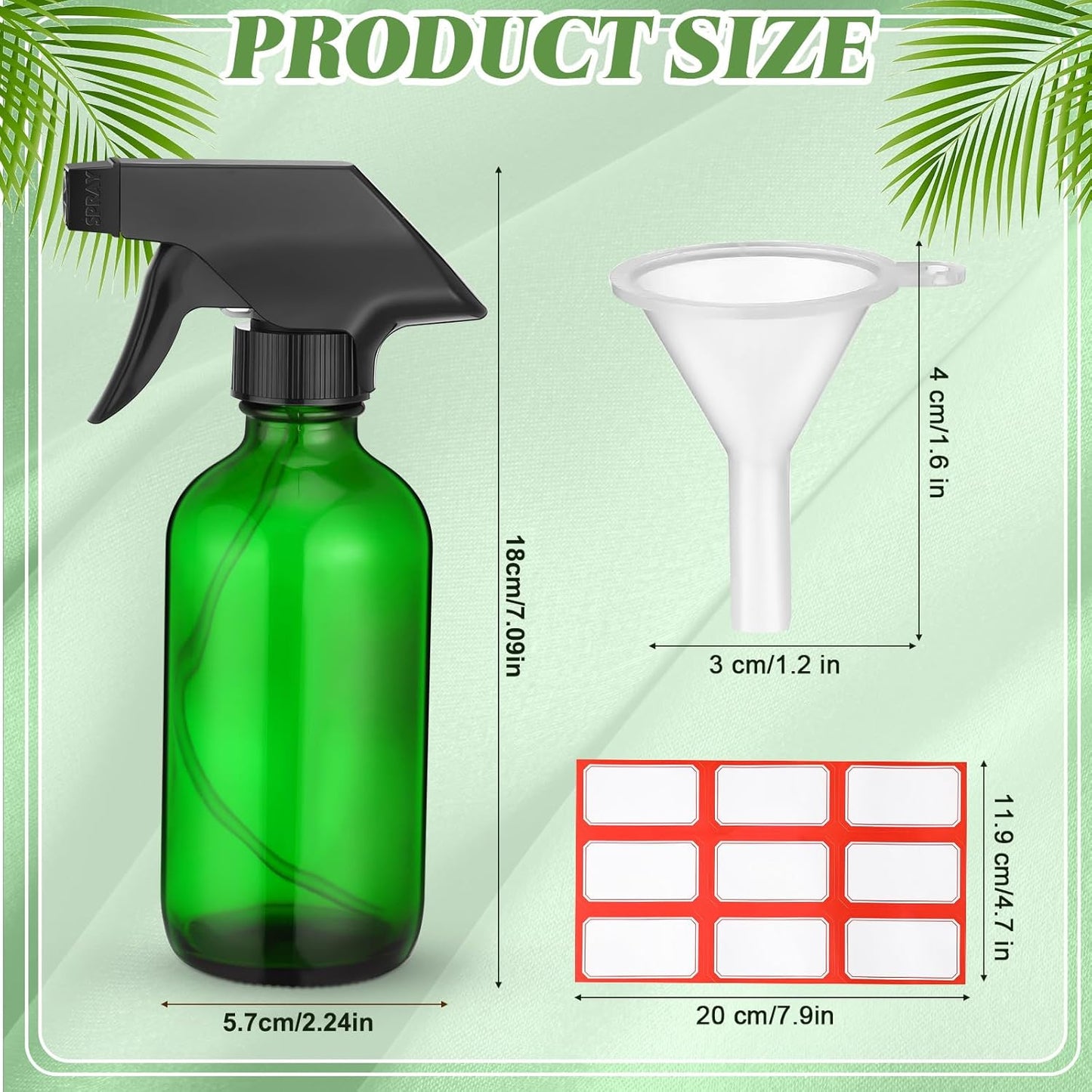 Norme 12 Pcs 8 oz Glass Spray Bottles with Funnels and Labels Refillable Cosmetic Empty Spray Bottles with Sprayer Containers for Essential Oil Cleaning Solutions(Green,Classic)