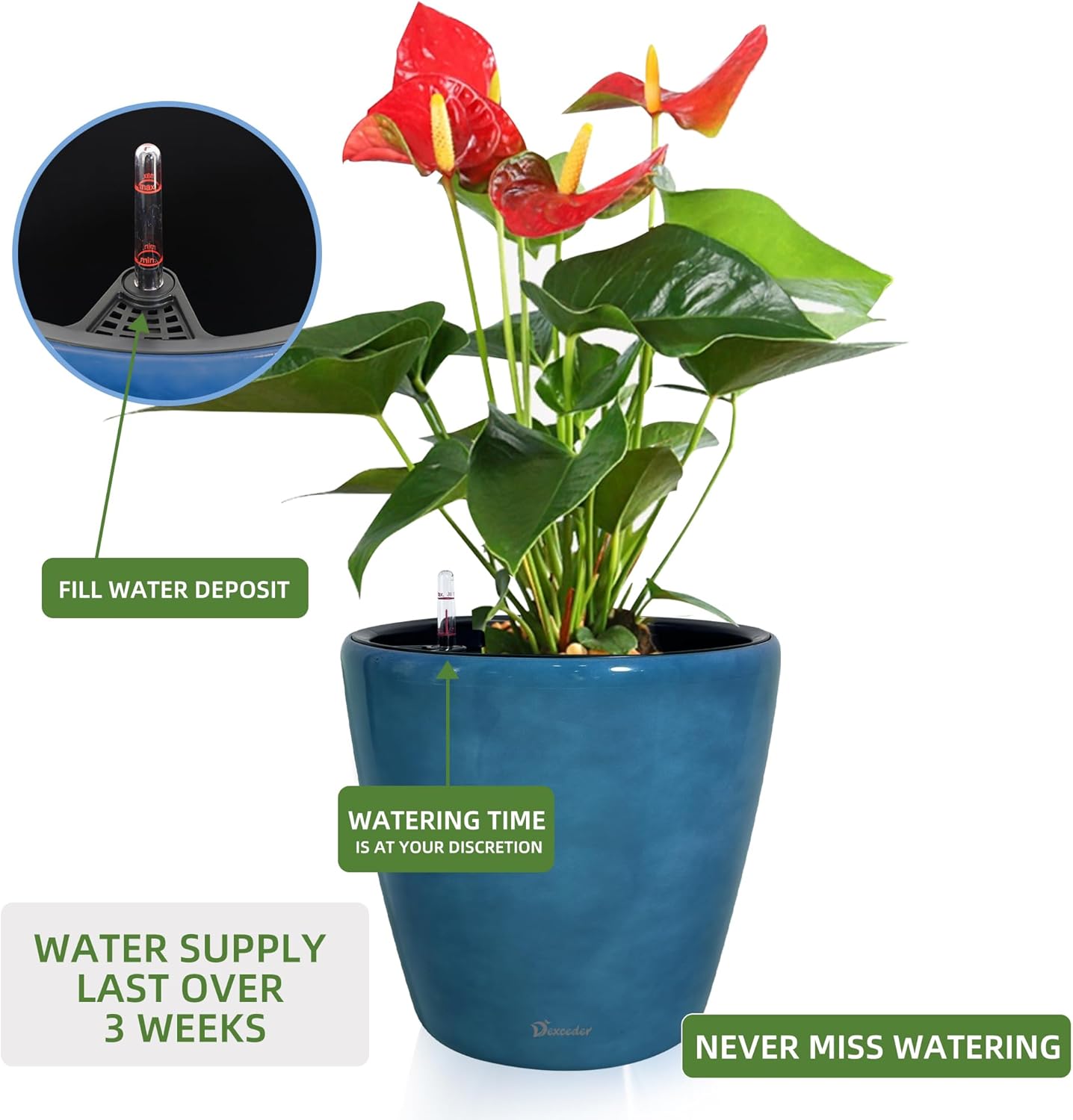 Dexceder 13x12 Self Watering Planter with Wheels Indoor Outdoor, Inner Pot Design, Thickened Large Floor Standing Flower Plant Pot with Water Level Indicator (Peacock Blue Gradient)