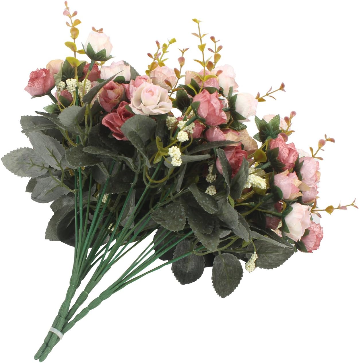 Duovlo 7 Branch 21 Mini Rose Heads Artificial Flowers Bouquet Wedding Home Office Decor,Pack of 4 (Pink)