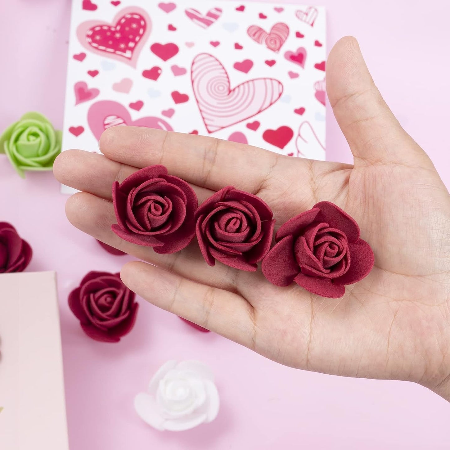 Mini Fake Rose Flower Heads 144pcs Mini Artificial Foam Roses DIY Wedding Flowers Accessories Make Bridal Hair Clips Headbands Dress (Bottom add Gauze) for Valentines Day,Wedding,Bridal (Burgundy)