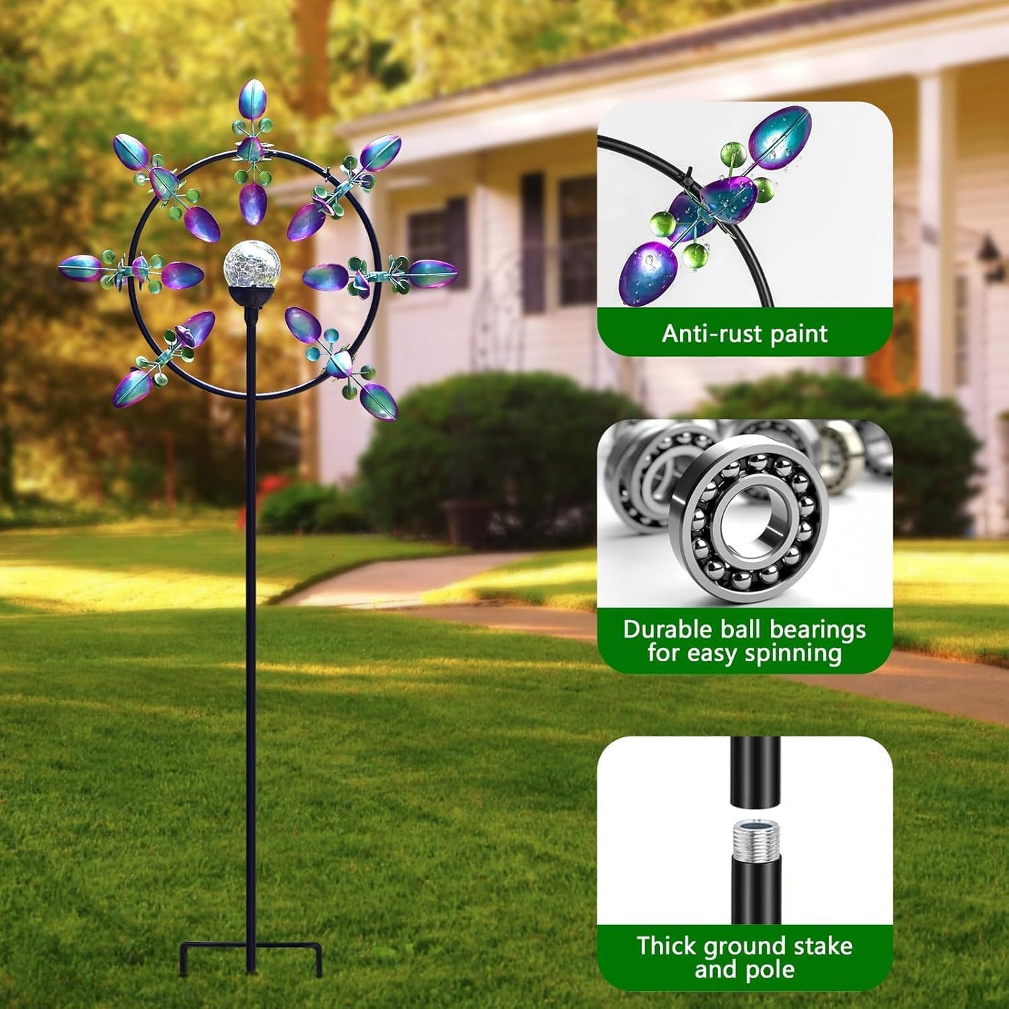 Large Solar Wind Spinners for Yard Art Garden-67 Inch 360° Metal Wind Sculptures Outdoor Clearance Kinetic Windmills with Multi Color Led Glass Ball