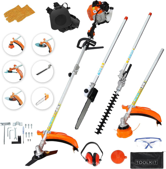 52cc Gas Trimmer Weed Eater, 6 in 1 String Trimmer, Wheeled Edger, Hedge Trimmer and Brush Cutter Blade for Quick Weed Grass Cleaning Crop Seed Soil Protection Tools