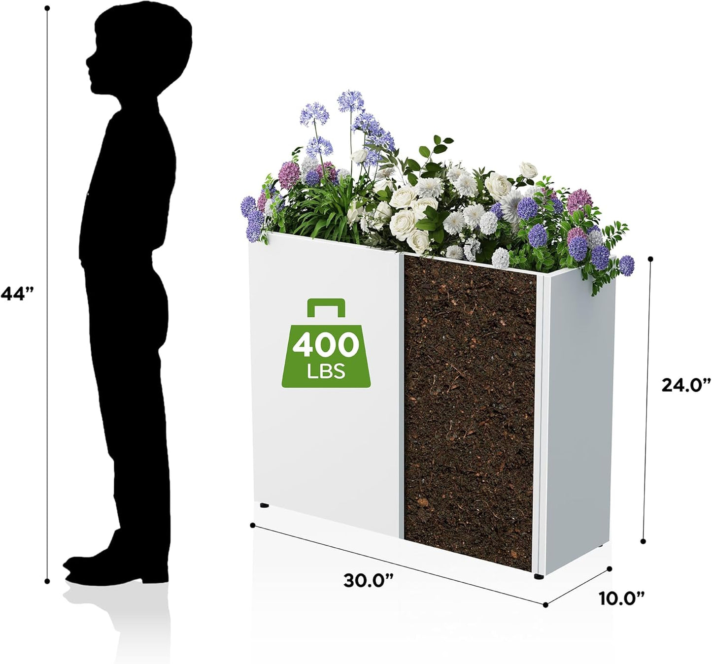 Tall Metal Planter for Outdoor Plants,30" Lx10“Wx24”H All-Weather Durable Plant Box,Large Rectangular Planter with Drainage Holes & Removable Shelf,Modern Decor for Tall Small Plants, Trees, Flowers