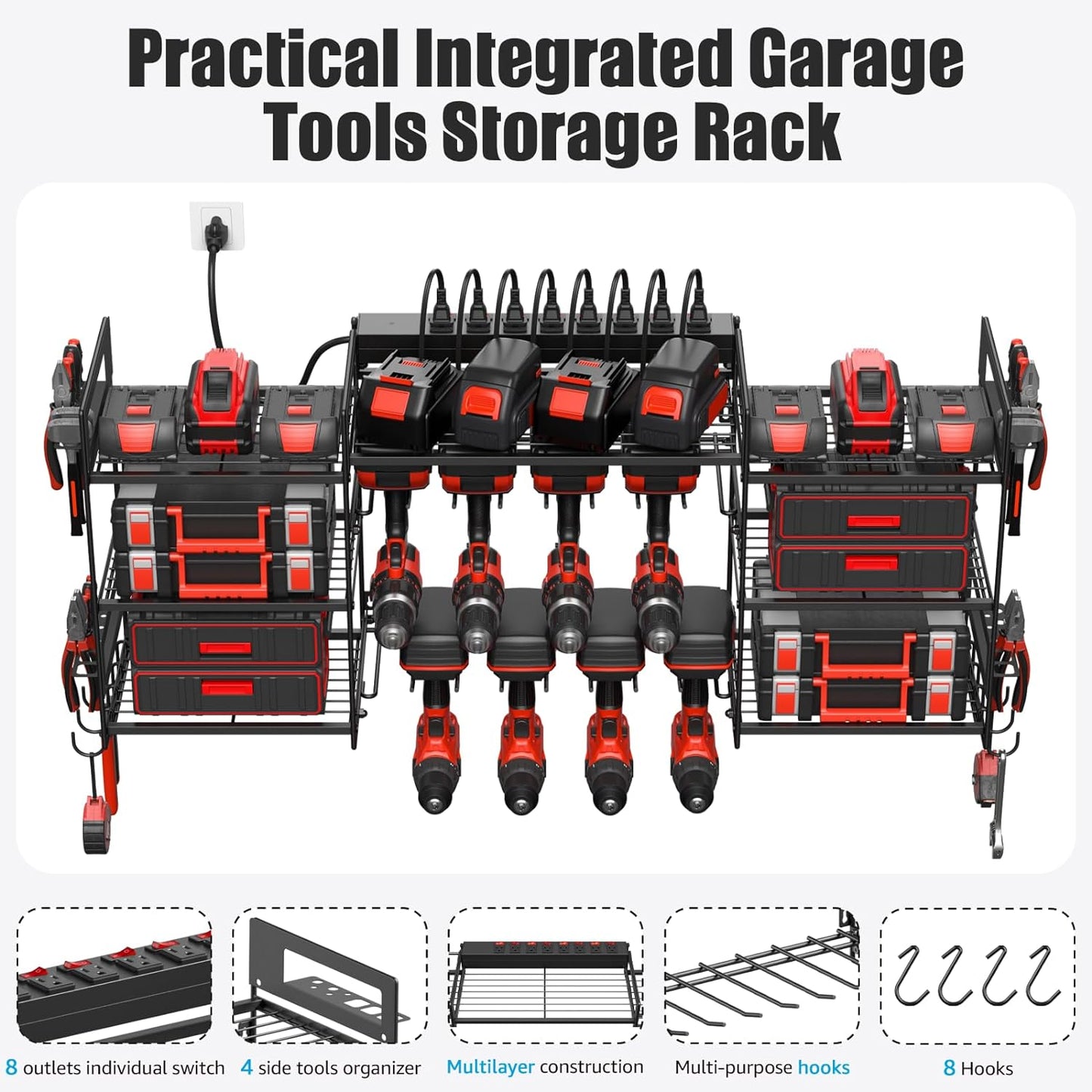 CCCEI Black Power Tool Organizer Wall Mount, Large Tools and Battery Storage Rack Charging Station Individual Switches. Drills Holder, Garage Utility Shelves with 6FT Power Strip. Gift for Men.